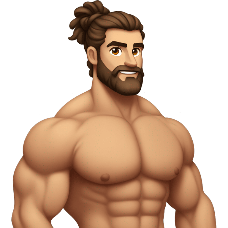 muscled hairy bodybuilder brown hair beard,enormous pecs and enormous biceps, long wavy hair in a man bun, with dark brown eyes, and tanned skin, full body emoji