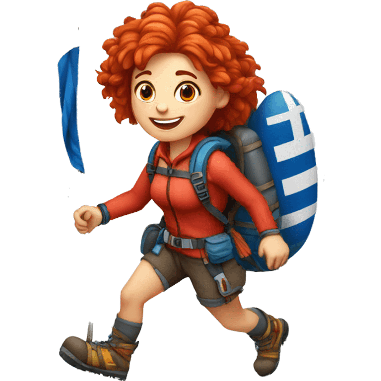 Female winter mountain climber red windy hair climbing with Greek flag on backpack and holding Easter eggs basket emoji