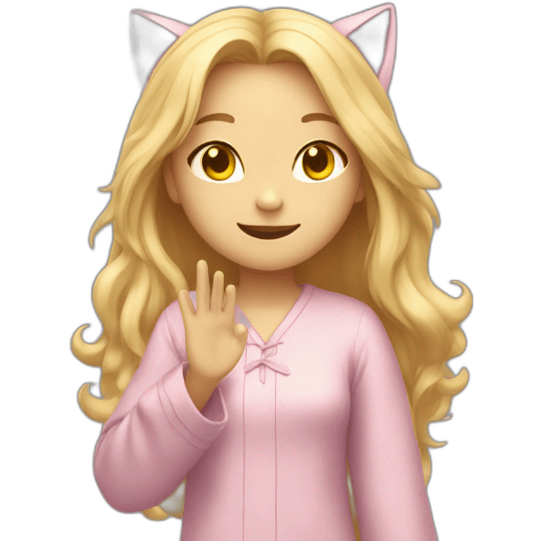 Catgirl with long blond hair yellow eyes in Choral pajamas waving emoji