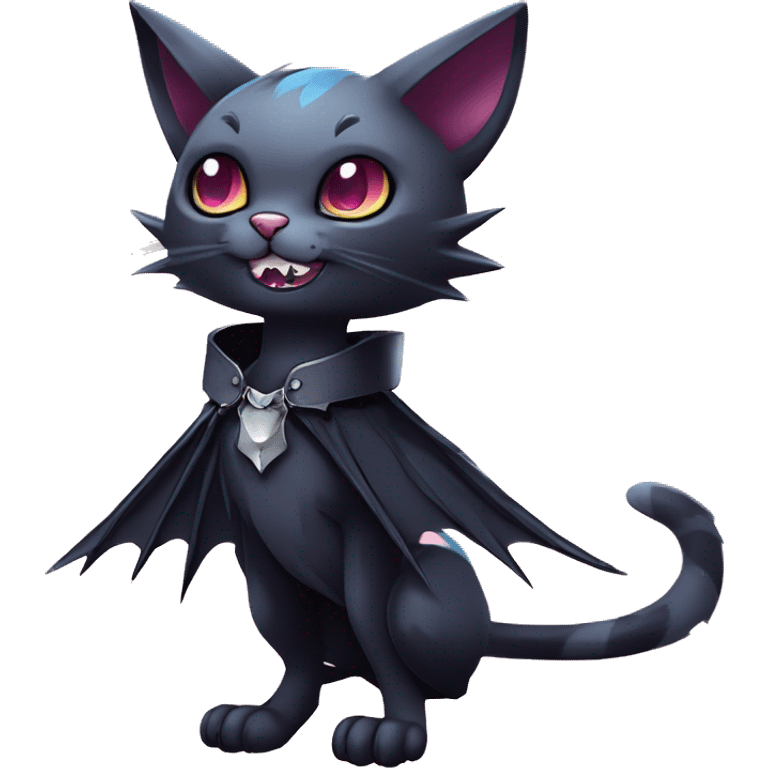   cool edgy kawaii ethereal dark-punk-themed animal vampiric cat-hybrid Fakemon with fangs and bat-wing-ears with a collar full body emoji