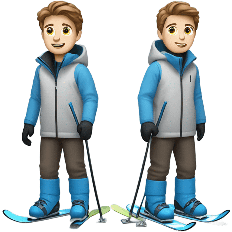 White boy with brown hair skiing on blue skis. Wearing a light gray coat. And a pair of black snow pants.  emoji