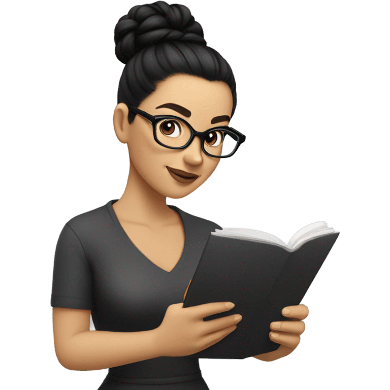 A white caucasian woman with Black hair with tophead bun, she has glasses, she is writing a note on her notebook, we can see her pencil while writing emoji