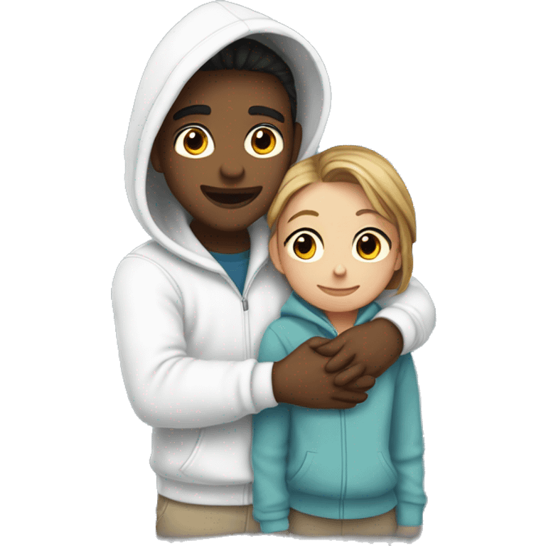 An emoji of a man wearing a white hoodie, standing next to his sister. He is hugging her warmly, showing a close sibling bond emoji