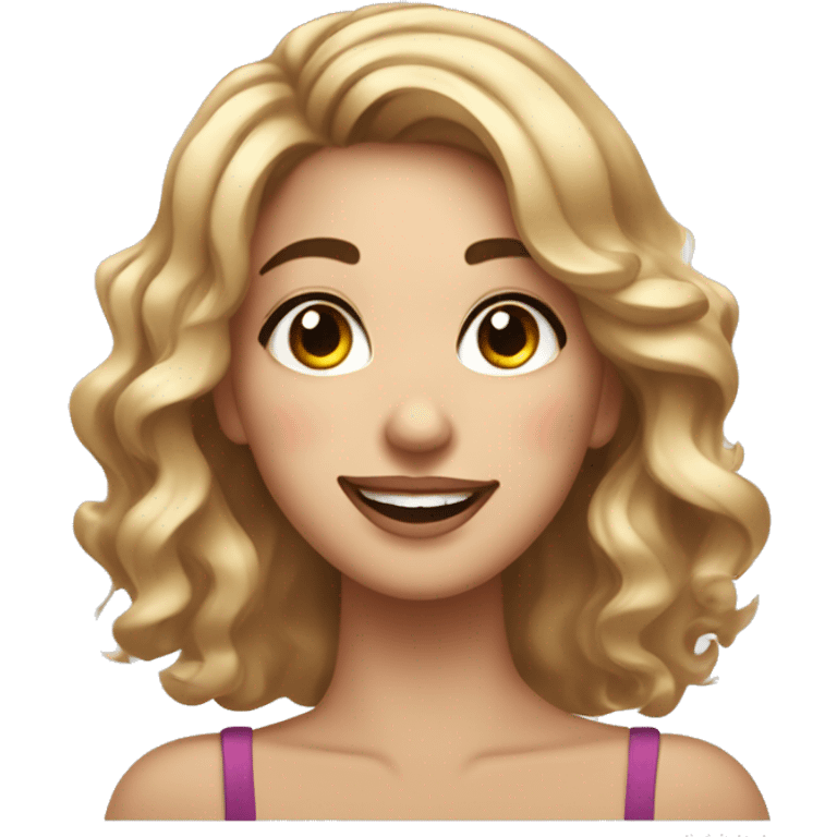 An emoji of a smiling woman with wavy, shoulder-length hair, wearing sparkling eye makeup and a soft, friendly expression. One hand gently touches her face, showcasing her elegance and joy emoji