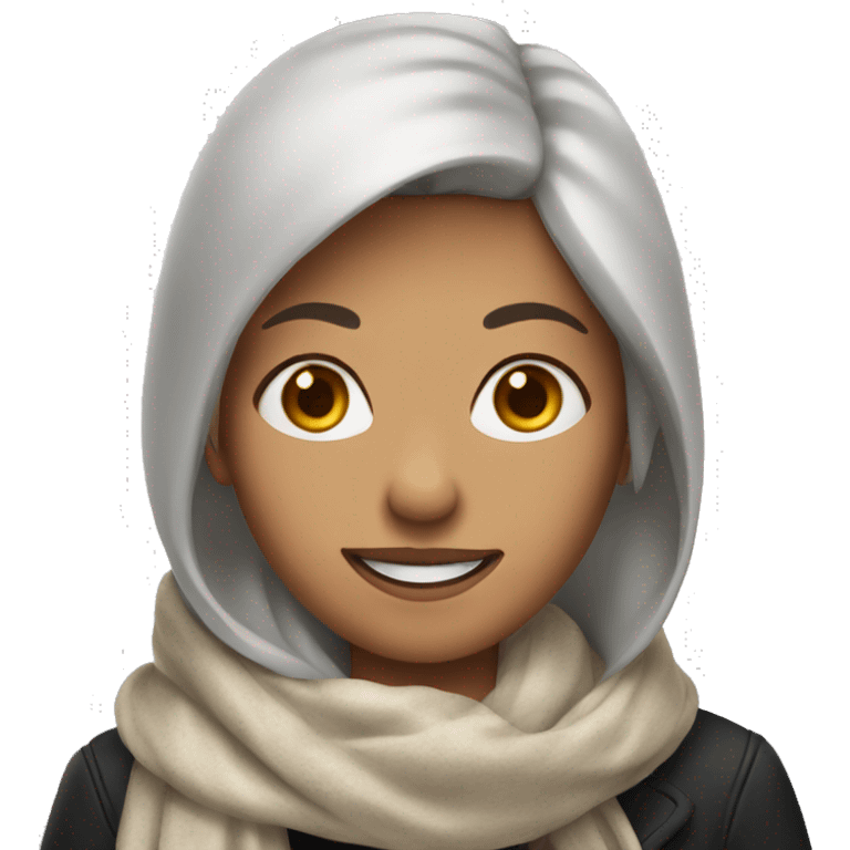 A woman white with freckles and chestnut red hair, wearing a scarf and a black jacket, round face and with a smile emoji