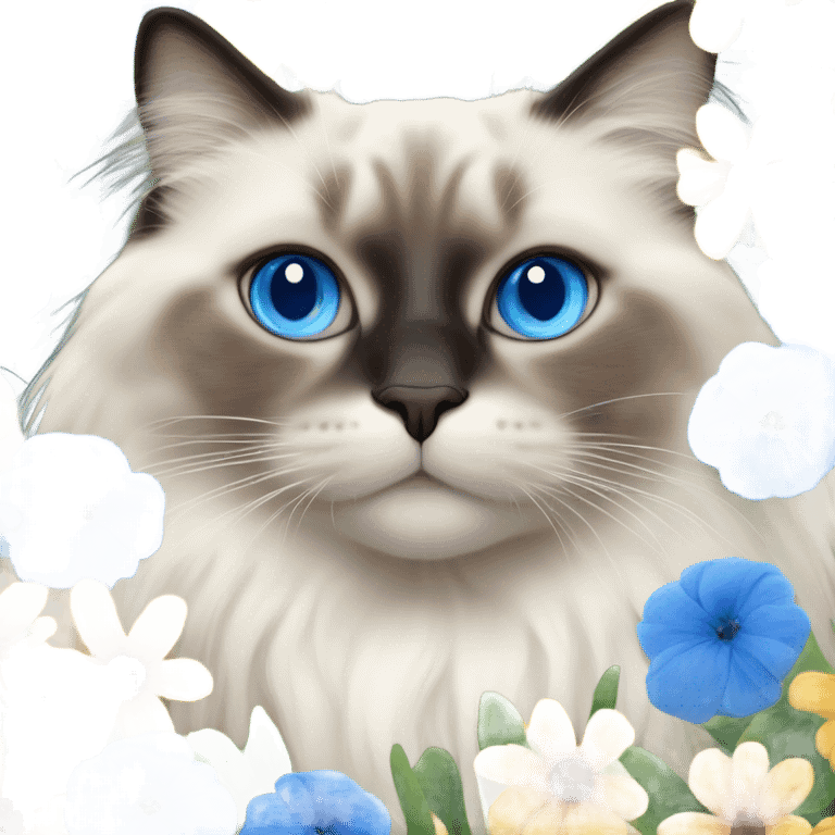 Realistic ragdoll cat with blue eyes and flower  emoji