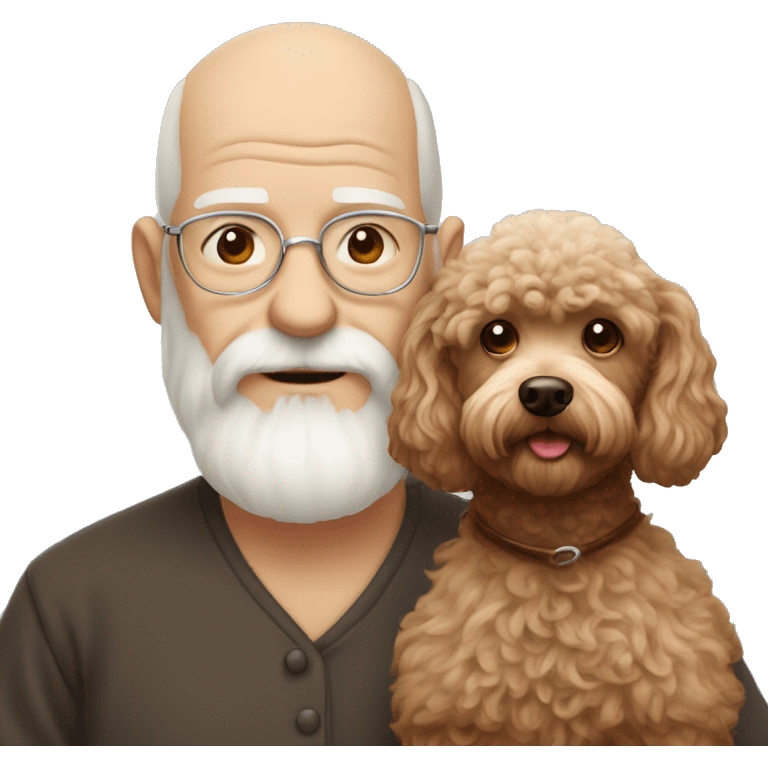 Old man with a white beard and nearly bald holding a brown miniature poodle emoji