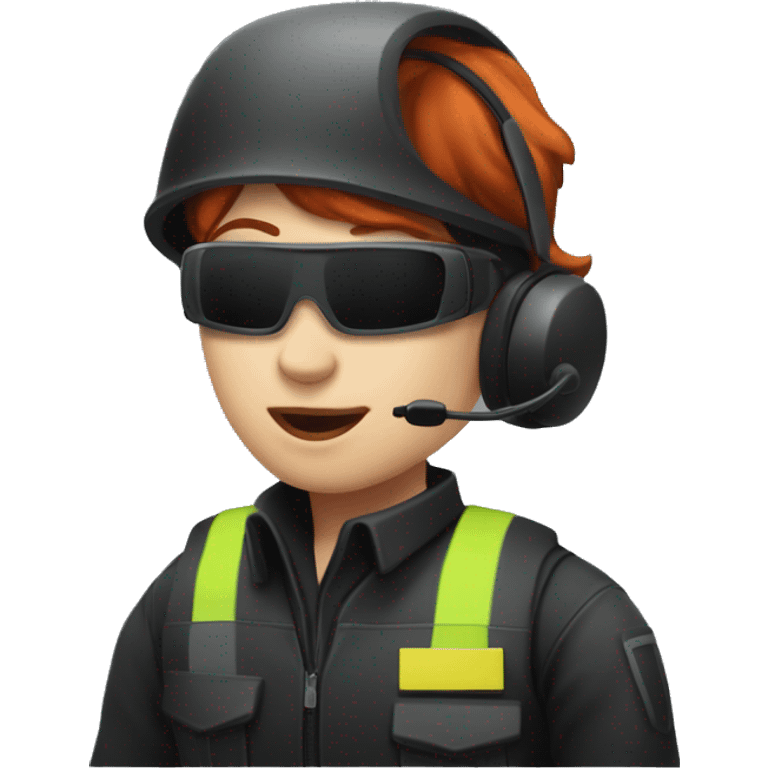 operator dressed in black with a milatary helmet, without glasses, wearing a headset, ready to respond to alerts, preferably red-haired female  emoji