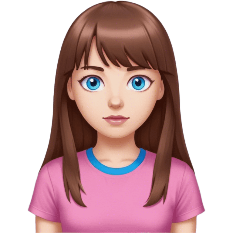 White girl with long brown hair and bangs with blue eyes and pink tshirt emoji