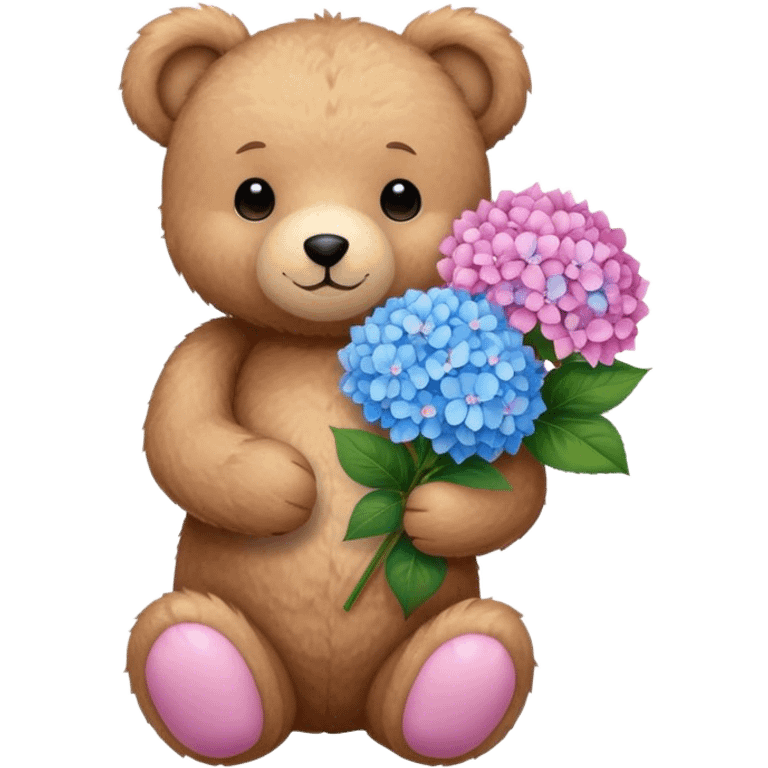 light brown teddy bear holding a pink and blue hydrangea bouqet emoji