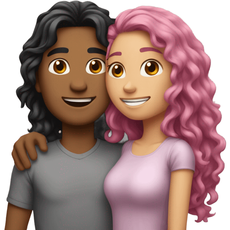 make a guy and a girl, they are hugging, the girl has pink long wavy hair. The guy has black hair and light skin. They are facing each other emoji