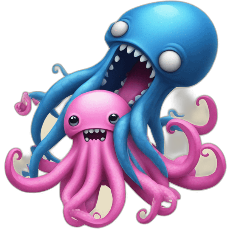 a blue kraken fighting  with another pink kraken emoji