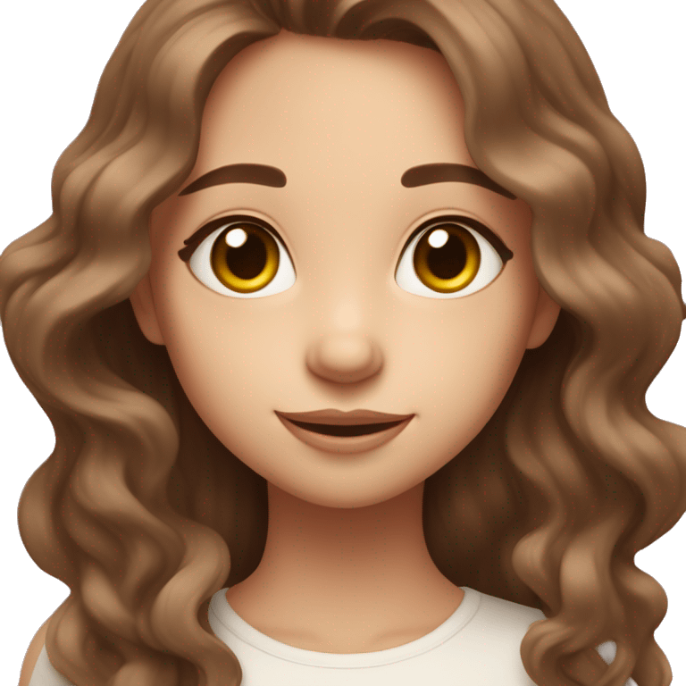 wavy brown hair, large expressive eyes, a gentle smile, and heart-shaped blush, giving her an ethereal, playful look. emoji