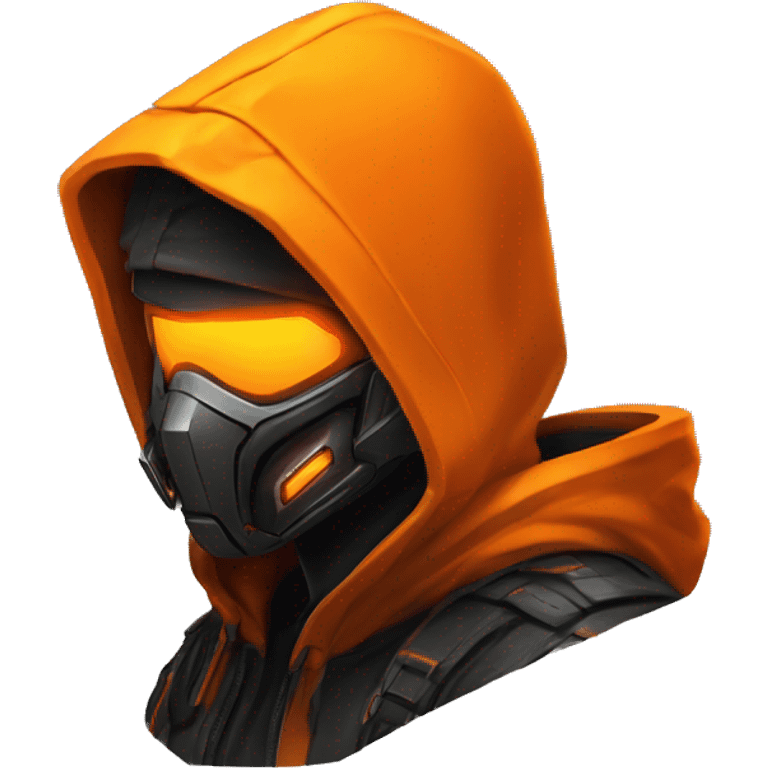  developer behind his laptop with this style : crysis Cyberpunk Valorant orange glowing bright orange character orange black hooded assassin themed character emoji