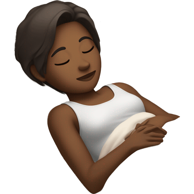 Dark brown skin with dark straight shoulder length brown hair and brown eyes sleeping on a big bed emoji