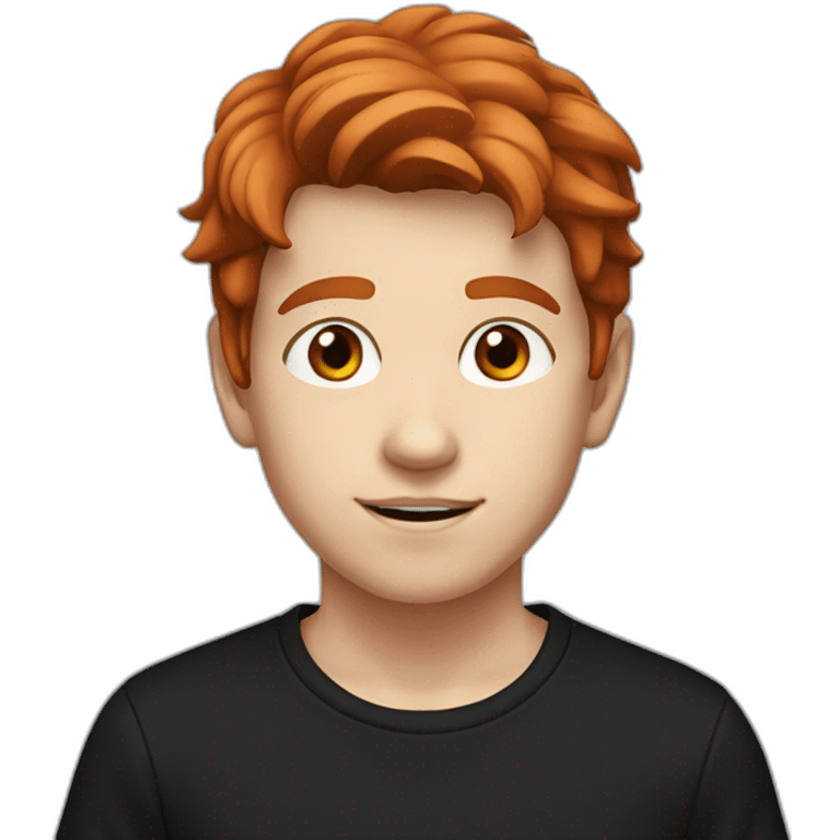 A white teenager boy with big brown eyes and middle-parted red hair, wearing a black T-shirt. emoji