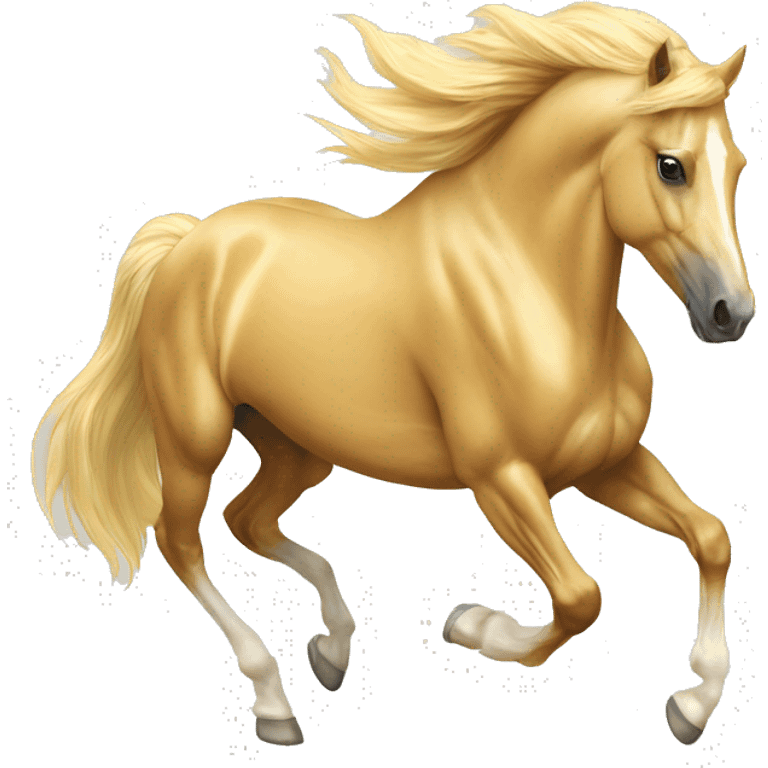 Yellow palomino horse with long flowing mane galloping with prosthetic leg, slender horse, solid yellow horse, running, yellow horse galloping with prosthetic leg, pretty horse emoji