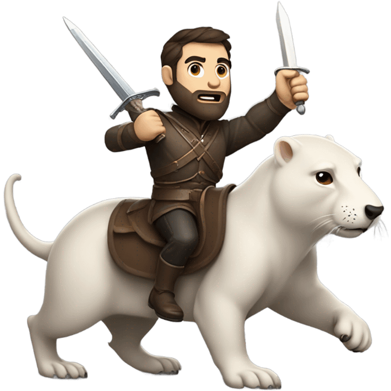 Confident armored White Man with dark brown hair and a short beard pointing forward with one arm holding a sword and yelling a battle charge while riding on the back of a giant groundhog emoji