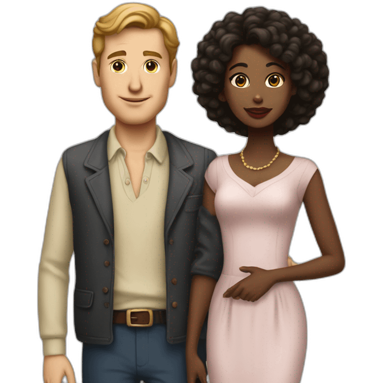 white man in late 50ties in love with younger black woman with small breast, casual dressing emoji