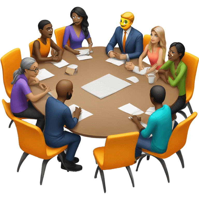 group discussion at a table colorful chairs emoji