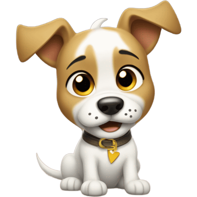 Create a cartoon-style static emoji featuring Bolt (the Disney dog) sitting with tears streaming down his face, looking sad and emotional. Keep the pose expressive and the tears sparkling for added charm. emoji