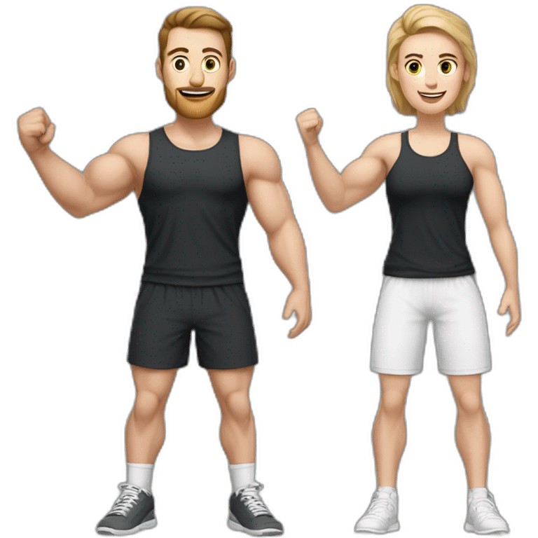 Full height Actively gesturing with hands Pale skinned Fit Man With the biceps and brown hair in dark gray Sleeveless Mike, black oversize sports shorts and white Sneakers emoji