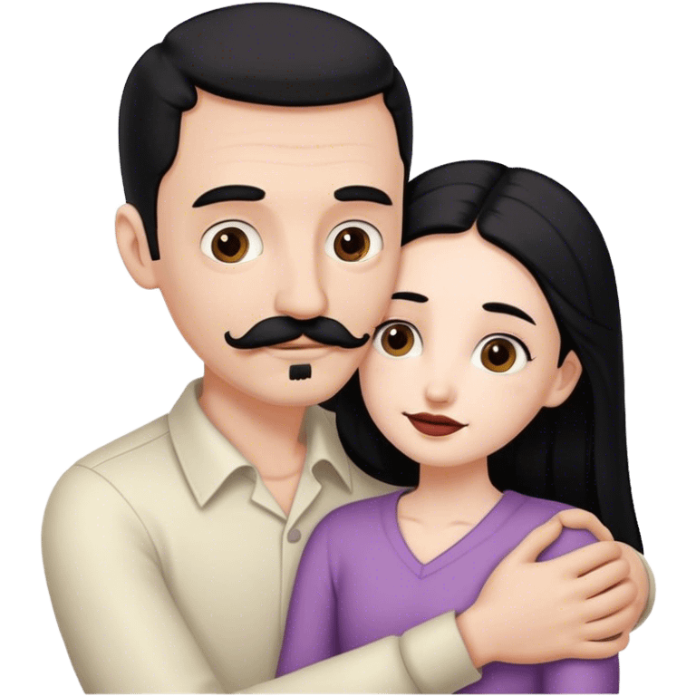 Couple, Tall pale man with brown mustache and goatee, hugging small pale woman long with black hair emoji