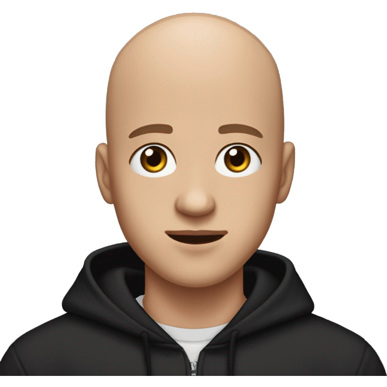 a bald guy of 20 years old with a blush on his cheeks, brown eyes and a small diamond earring in his left ear looks at us indifferently, dressed in a black oversized hoodie and holding a microphone in his hands emoji