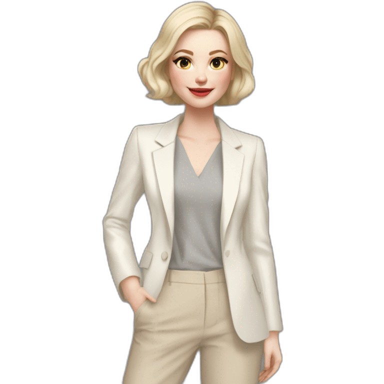 pale skin woman with ash blonde Straightened bob Hair, White Spacious classical jacket, beige palazzo Arrow pants and gray blouse holding a color palettes in the hands emoji