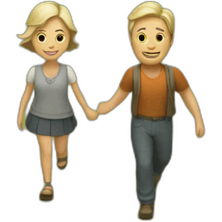 Couple walking in a village garden behind a small hut emoji