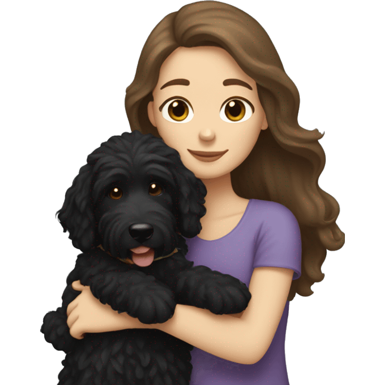 a white girl with long brown hair, hugging a black coated labradoodle. emoji