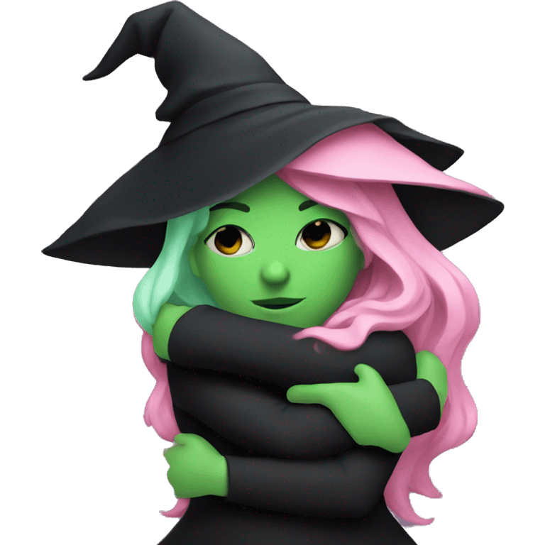 Witch dressed in black with green skin hugging pink dressed white witch emoji