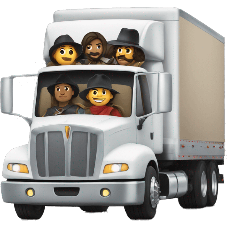 six musketeers driving a semi, no weapons, diverse, male & female, semi truck and trailer emoji