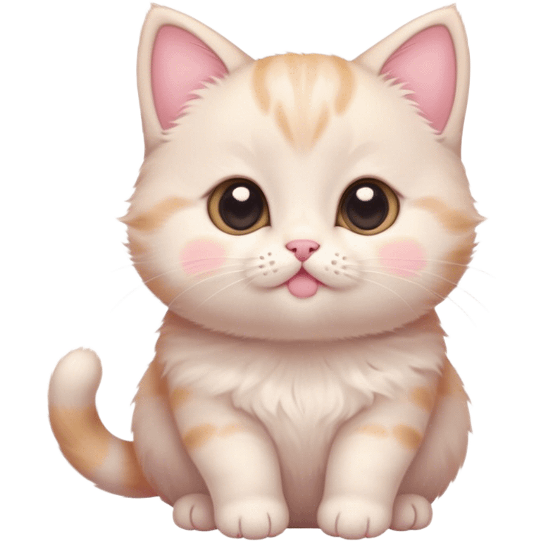 Cinematic chubby pastel kitten, big round eyes full of wonder, tiny paws reaching up, soft fluffy fur glowing in warm light, delicate heart-shaped nose, irresistibly cute and snuggly. emoji