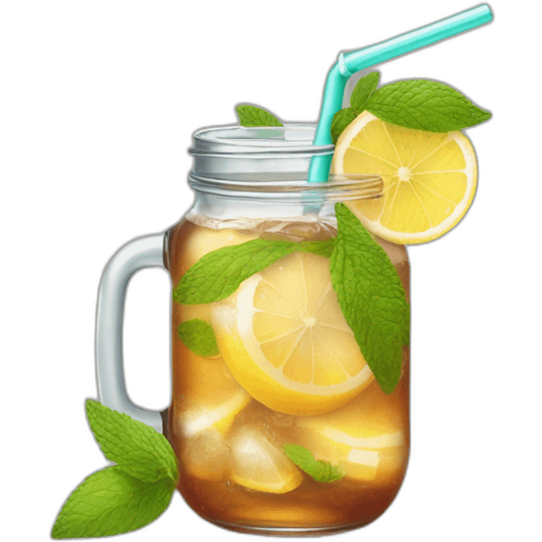 iced tea in a mason jar, with no lid, and a straw. In the iced tea have lemons, mint leaves and ice emoji