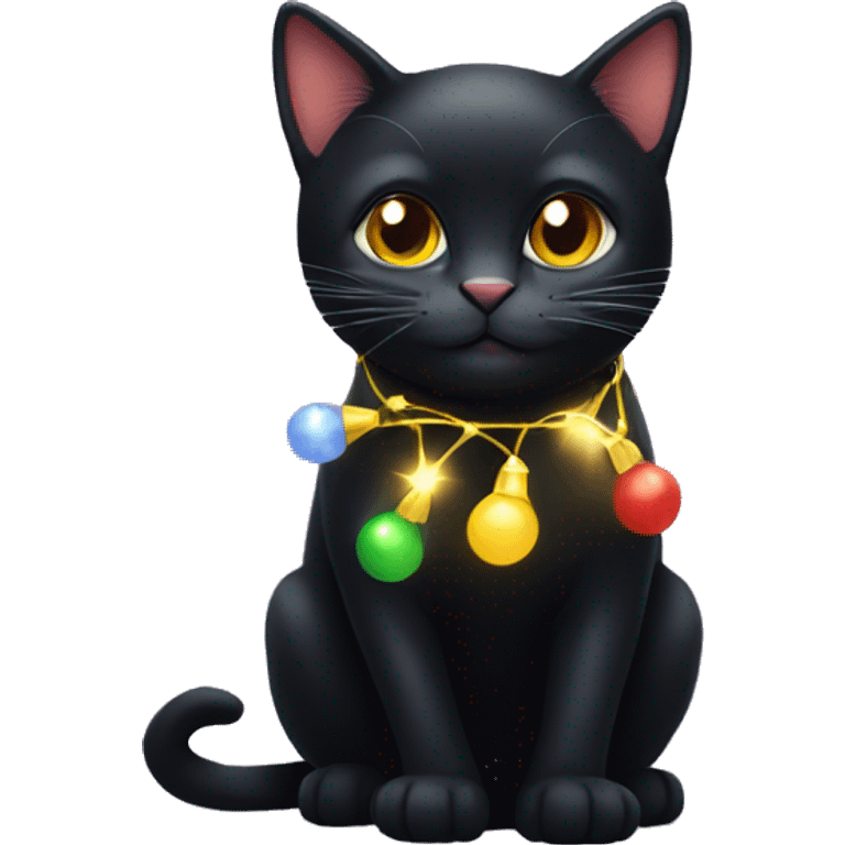 Black cat wearing Christmas lights emoji