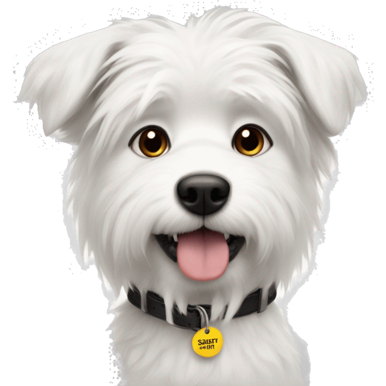 Scruffy white dog with black ears with a name tag that says Stuart  emoji