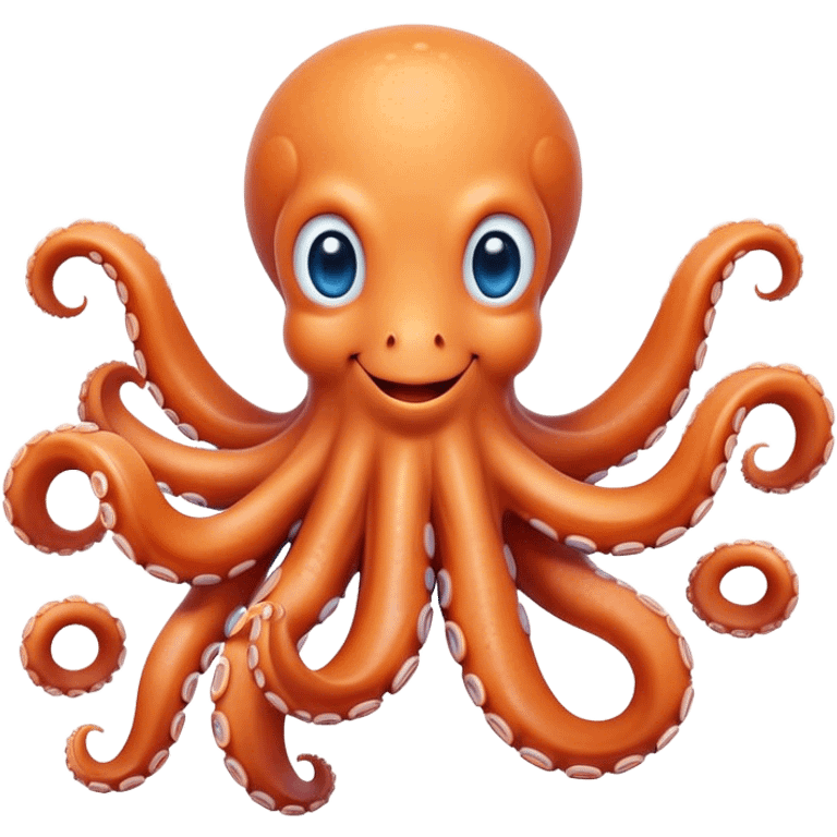 Cinematic Cute smiling Octopus Portrait Emoji, Head tilted playfully and inquisitively, featuring a rounded, light orange body embellished with playful blue rings, eight adorably curling arms, and big, twinkling eyes full of wonder, Simplified yet irresistibly adorable features, highly detailed, glowing with a warm, inviting underwater glow, high shine, affectionate and lively, stylized with a touch of whimsical cartoon charm, soft glowing outline, capturing the essence of a mischievous yet loving octopus that seems as if it could bob out of the screen into your arms! emoji