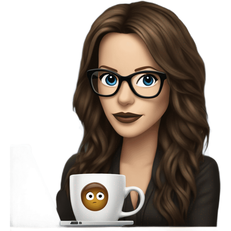 Hyper Realistic Kate Beckinsale dark blue eyes wearing glasses drinking coffee at a laptop  emoji