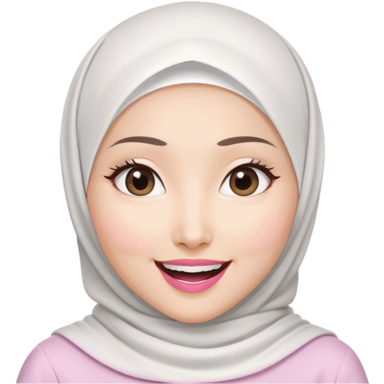 Asian white woman hijab, her hijab color are white, her face is small oval, her face is firm, her lips are pink, her eyes are shining, her face looks happy and excited, her eyes are also smiling, her outfit color are white emoji