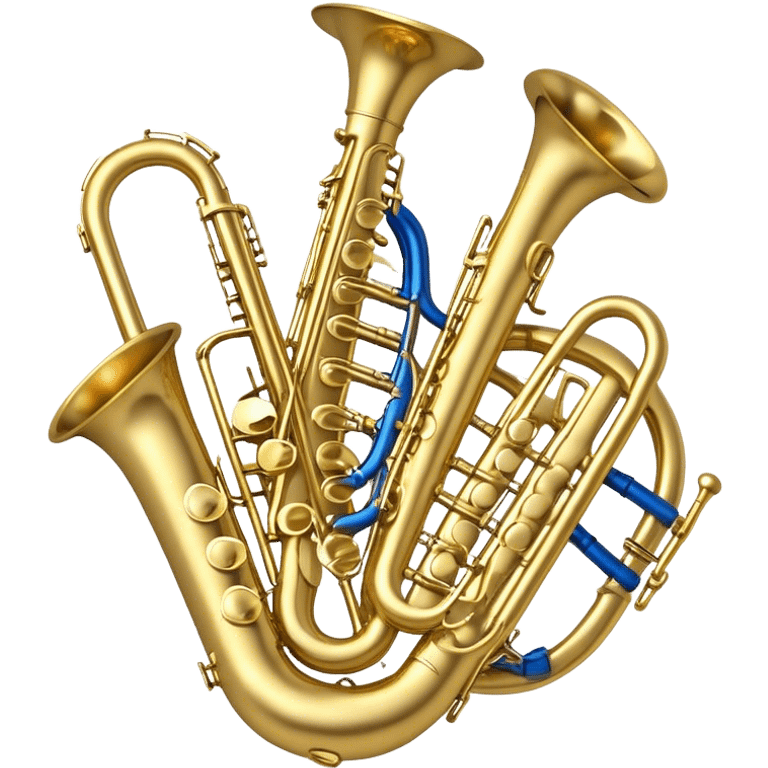 Create a complex, festive, and professional emblem-like emoji representing wind instruments. The design should resemble a heraldic crest, featuring iconic brass and woodwind instruments such as a trumpet, saxophone, clarinet, flute, trombone, and tuba, symmetrically arranged in a balanced composition. A flowing ribbon of musical notes should elegantly weave around the instruments, intertwining with their curves, bells, and mouthpieces, creating a dynamic and harmonious effect. The instruments should have rich metallic tones—gold for brass and silver for woodwinds—with polished highlights and intricate details on the keys and valves. Decorative elements such as elegant scrollwork, laurels, or subtle engravings should enhance the grandeur of the design, making it look celebratory and prestigious. The overall composition should be visually complete, refined, and suitable as a standalone emblem. The background should be transparent. emoji