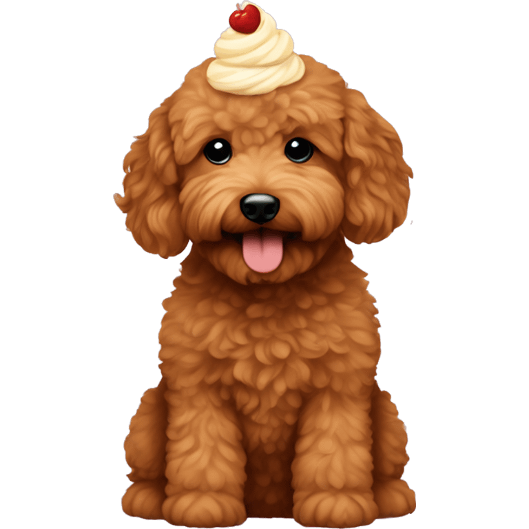 Red mini goldendoodle with a cupcake emoji