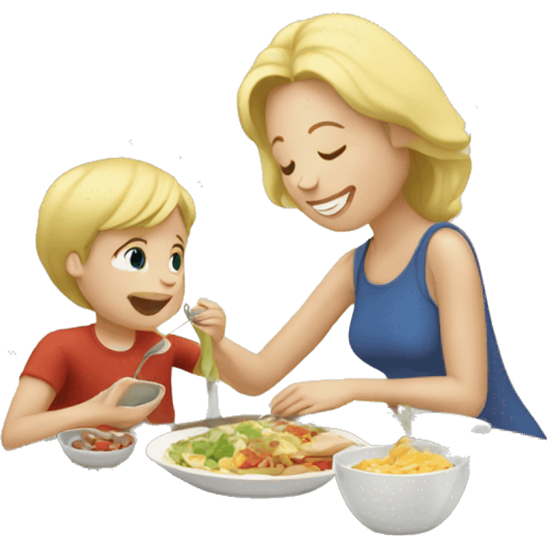 Blonde mother eating lunch with boy emoji