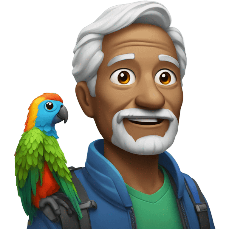 Old man with gray hair portrait with a colorful parrot on his shoulder  emoji