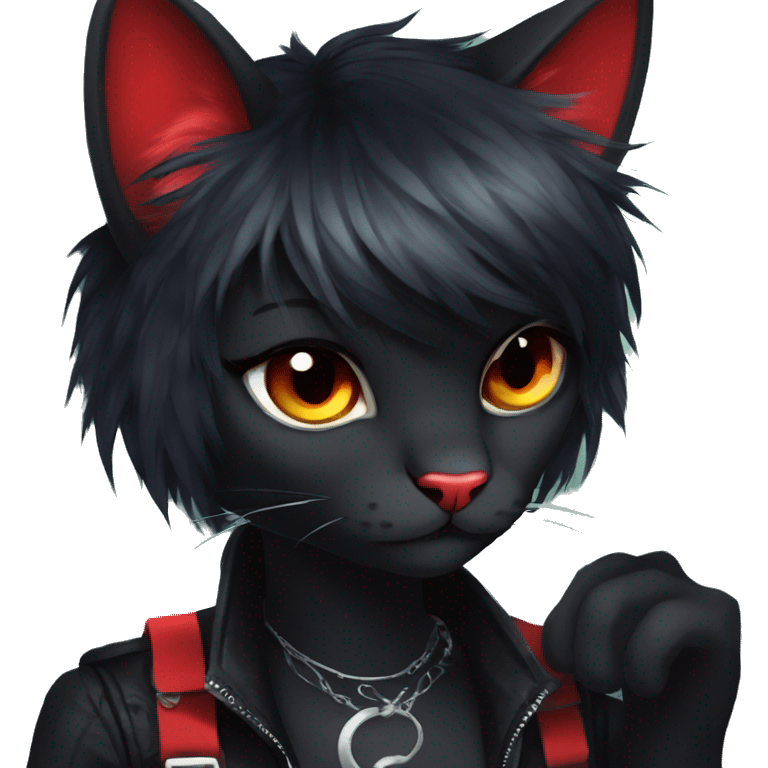 Anthro Edgy Cool Beautiful Black Cat-Fursona with Emo Hair-bangs with Red Streaks emoji