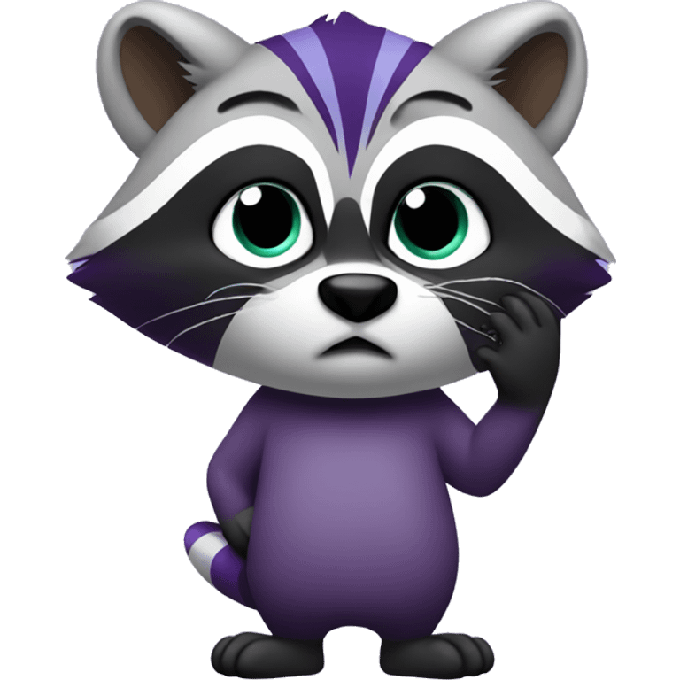 purple raccoon thoughtfully holds his hand to his face and thinks. emoji