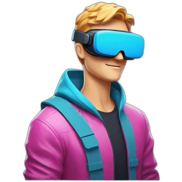 NFT emoji of Caucasian male wearing VR goggles, upper body sideways pose facing right. Bold outlines, vibrant colors, futuristic/techy style. Simple background. emoji