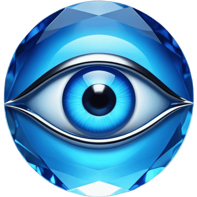 Cinematic Realistic image of a glass Evil Eye blue stone, rendered with translucent, luminous blue hues and finely cut facets that catch soft reflective light, set against a dark, minimalist backdrop to emphasize its mystical allure. emoji