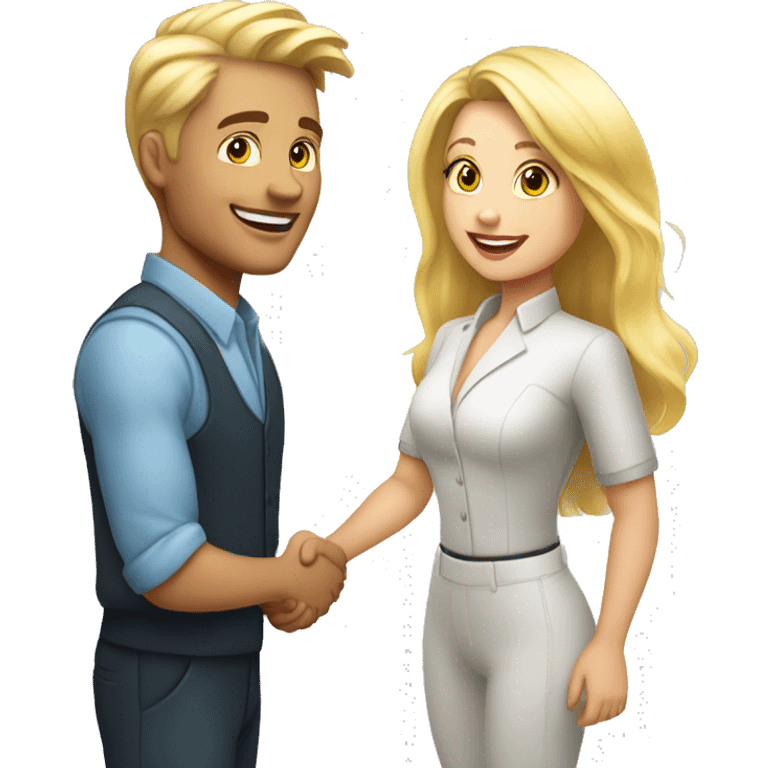 adult restaurant owner with white skin and blogger with white skin and blonde hair shaking hands in full height emoji