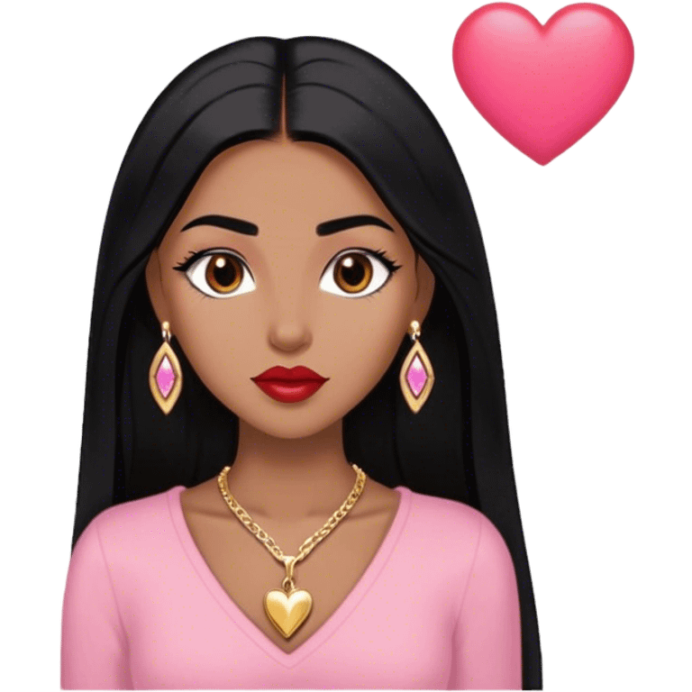 Woman,Medium brown skin,super long black straight hair, medium brown arched eyebrows, full lashes, red nude lips, diamond short earrings, gold heart locket, pink shirt emoji